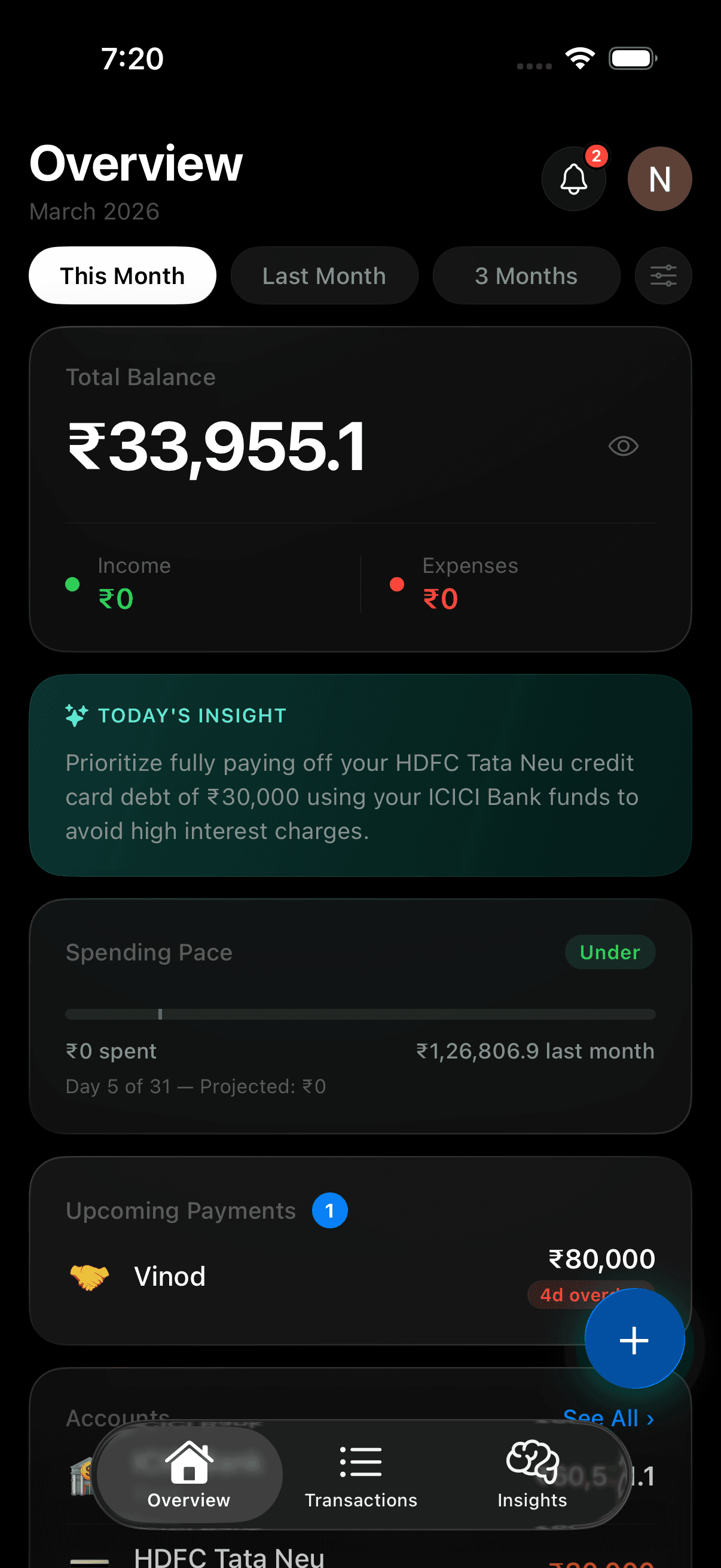 Artha dashboard — balance overview, AI insight, upcoming payments