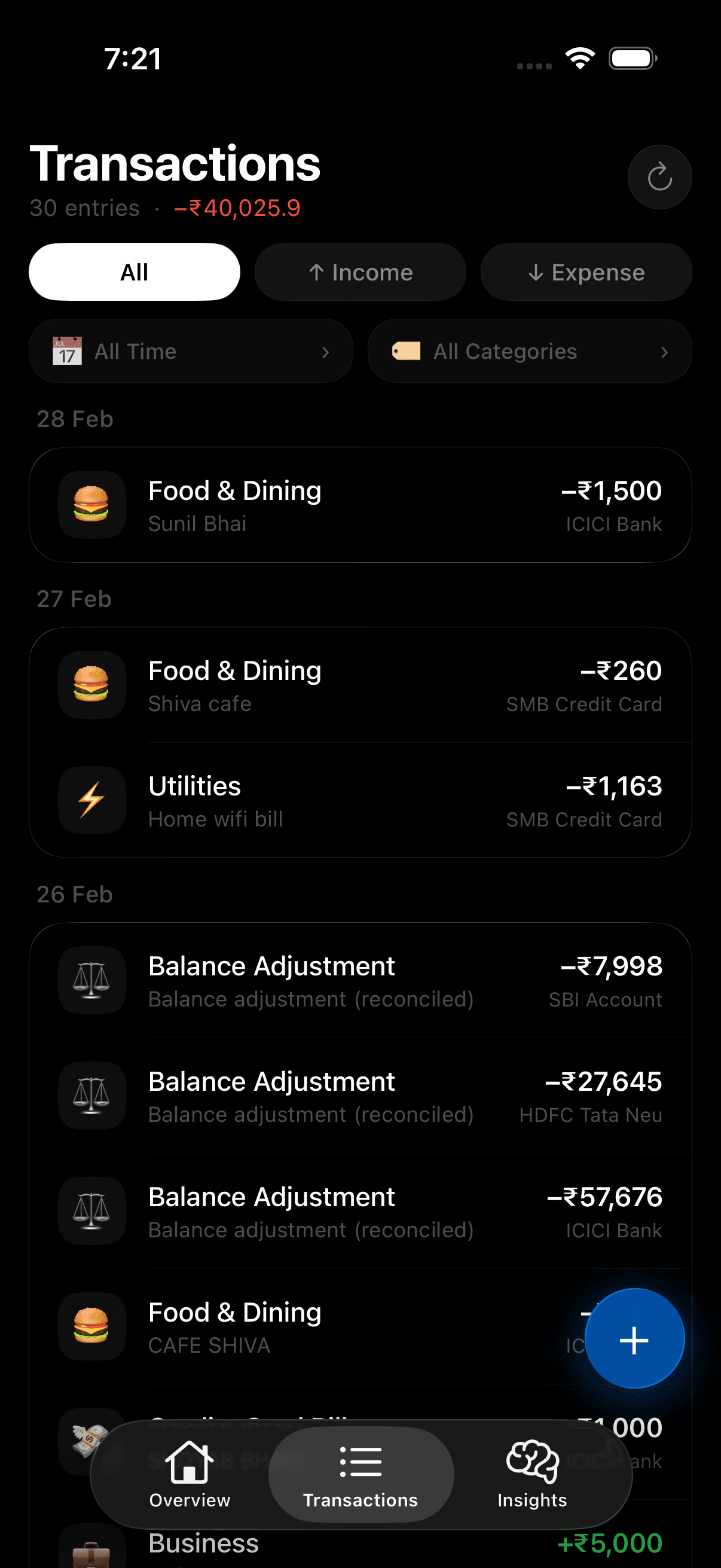 Artha transactions list